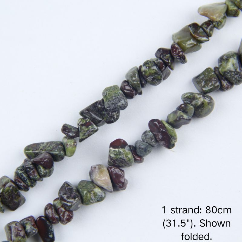 Close-up of dragon blood stone chip cord, 80cm folded, showing 5-8mm stones with deep green and vivid red earthy tones.