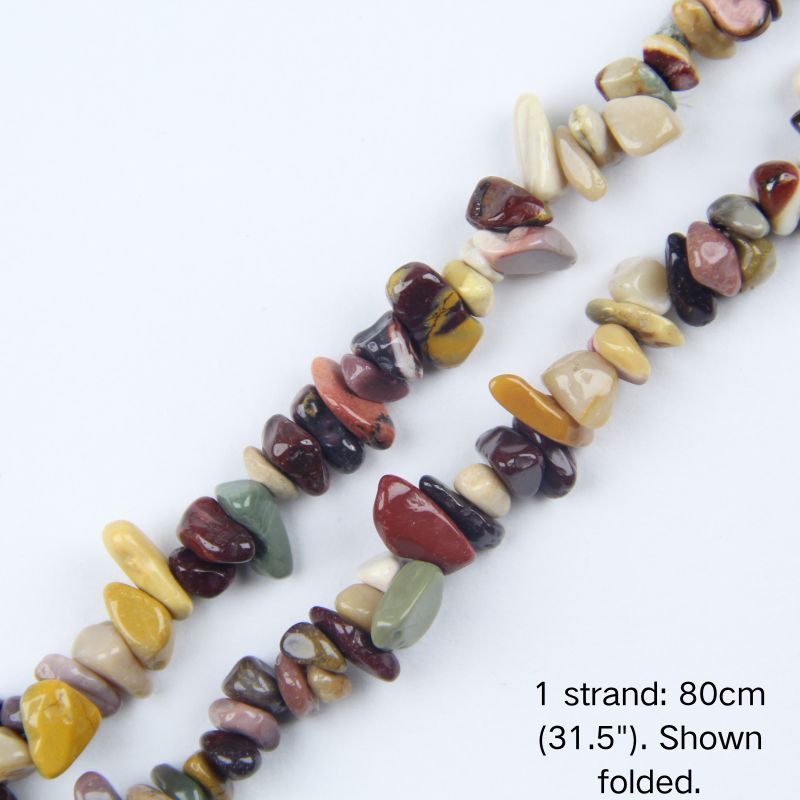 Close-up view of mixed agate chip cord, 80cm folded, showing 5-8mm natural colorful raw stones with smooth polished finish.