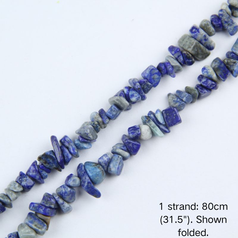 Natural sodalite chip cord, 80cm folded, showing 5-8mm stones with deep blue tones and natural white vein inclusions.