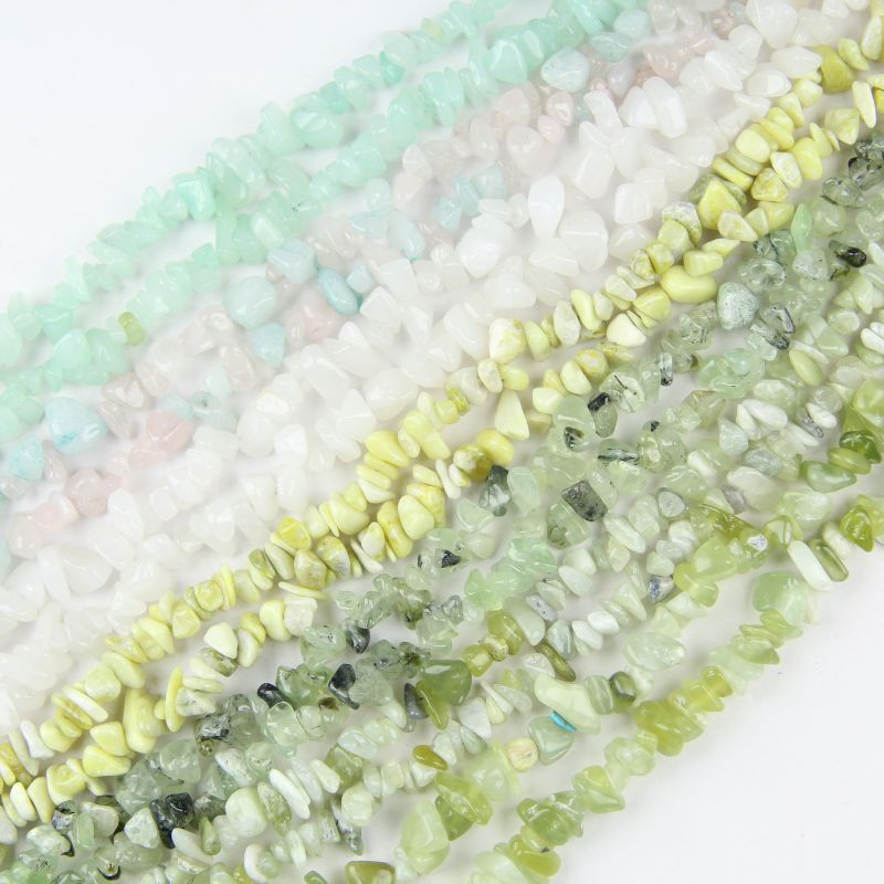 A 10-color mix of natural gemstone chip bead strands including white jade, mint green, lemon yellow, pink quartz, and prehnite for DIY jewelry making.