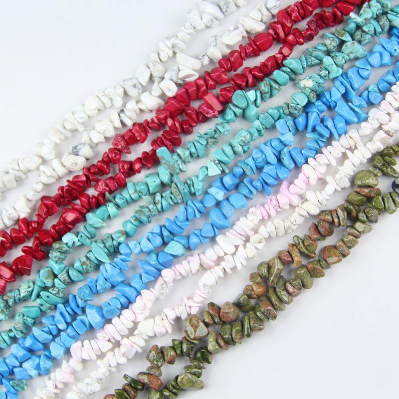 Chip beads collection, 6 colors and styles, 31.5 inch strands, 5-8mm polished chips, natural and dyed stone beads for jewelry making.