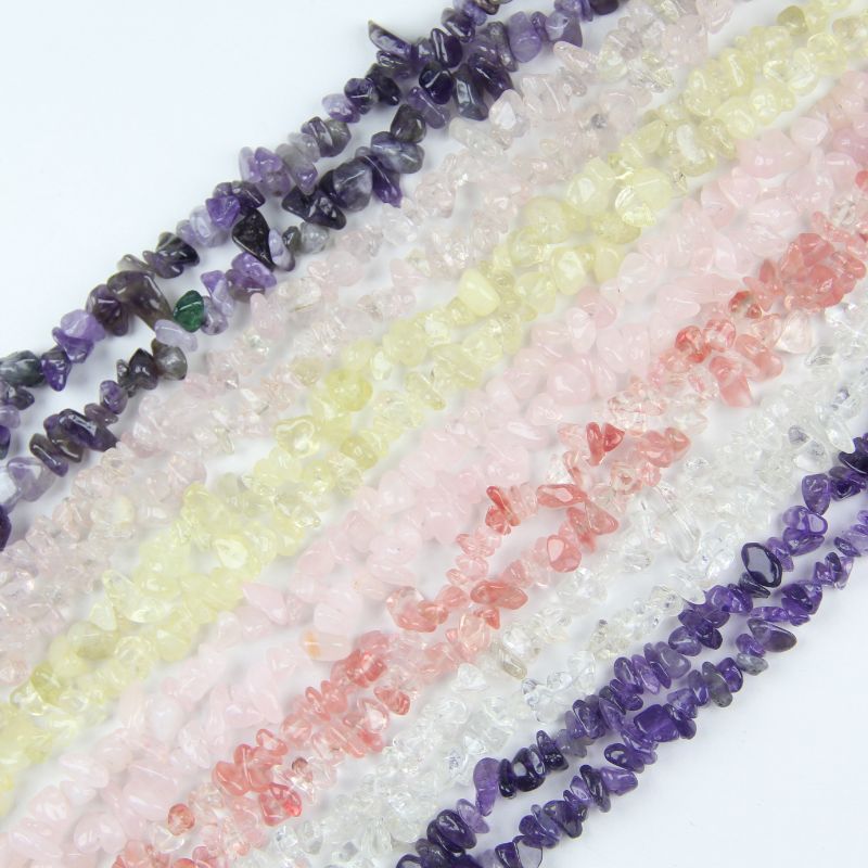 Natural quartz and crystal chip beads collection, featuring amethyst, strawberry quartz, white quartz and yellow quartz, 31.5 inches long for jewelry making.