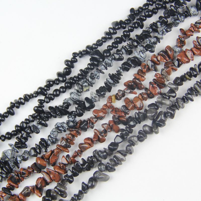 Collection cover image of natural obsidian chip beads in 4 styles: black, golden, silver, and snowflake obsidian, 31.5-inch gemstone strands.