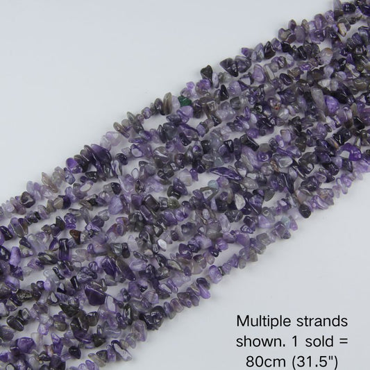 Amethyst chip beads, multi-strand display, 31.5 inch strand, 5-8mm polished chips.