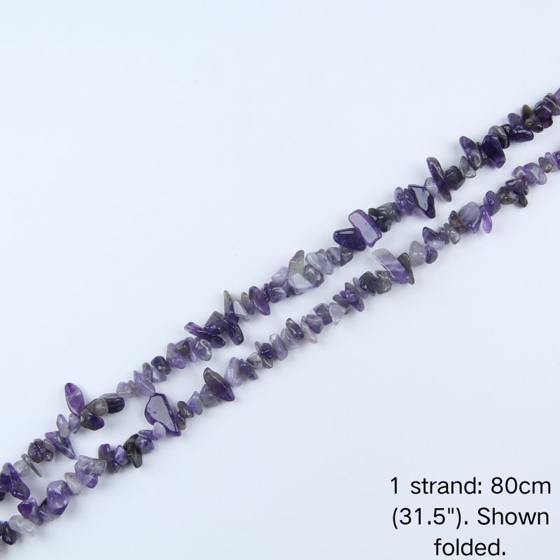 A single 80cm (31.5") strand of Amethyst irregular crystal chip beads, shown folded to display actual length and nylon cord.