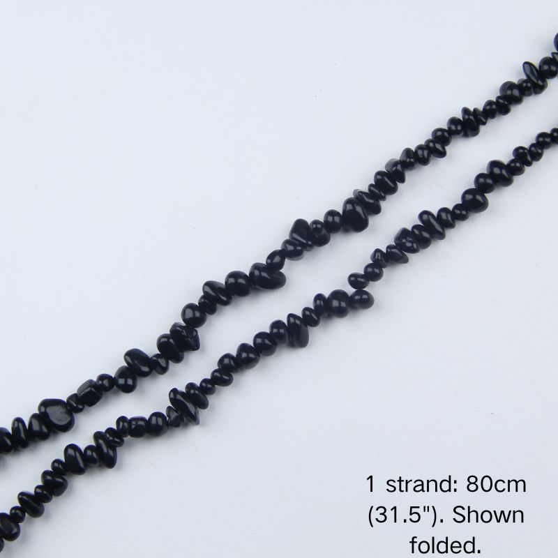 A single 80cm (31.5") strand of Black Obsidian irregular chip beads, folded to display actual length and nylon cord for jewelry crafts.