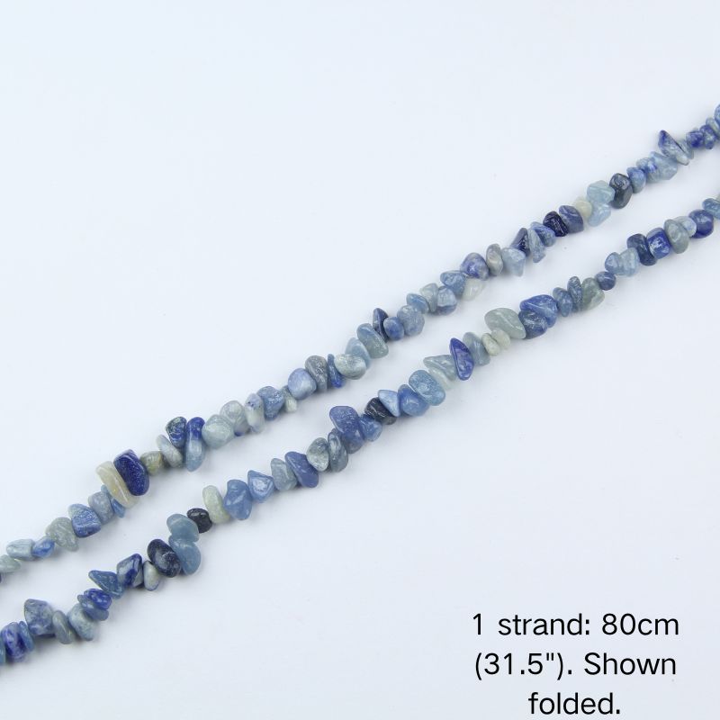 A single strand of Blue Aventurine irregular chip beads (80cm/31.5") shown folded to display actual length and nylon cord.
