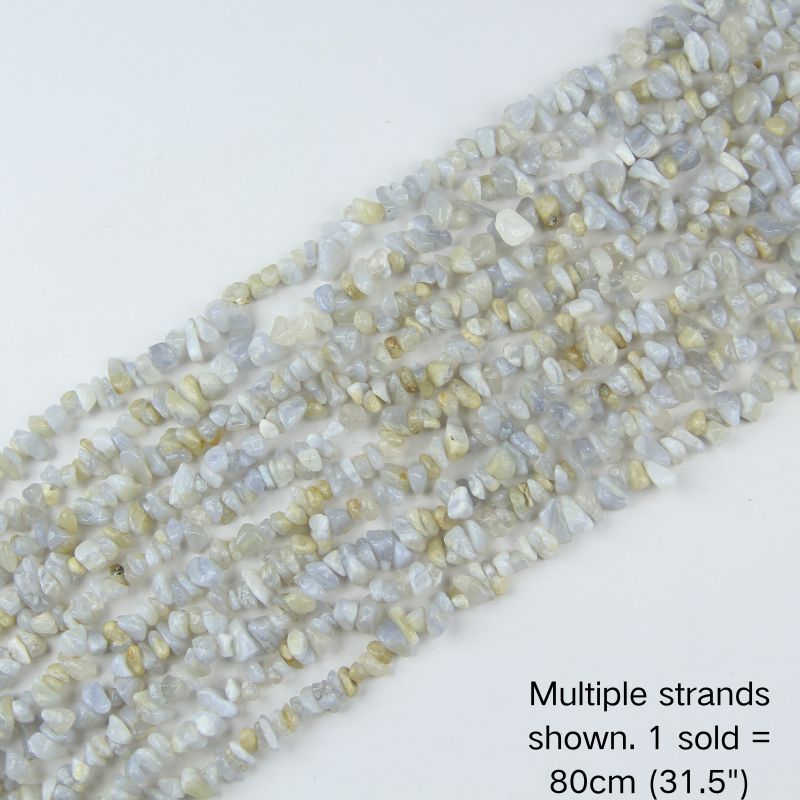 Multiple strands of natural blue chalcedony crushed stone chip beads, 31.5 inches per strand