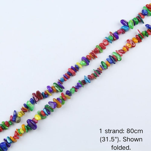 A single 80cm (31.5") strand of Colorful dyed shell chips, shown folded to display actual length and nylon cord.