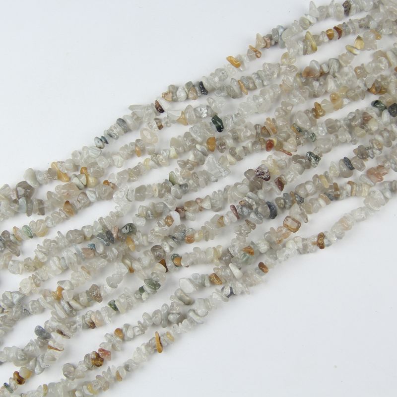 Colorful rabbit hair crystal bead strand 31.5 inches long on white background, multi-color 5-8mm irregular rutilated quartz chips strung on nylon cord