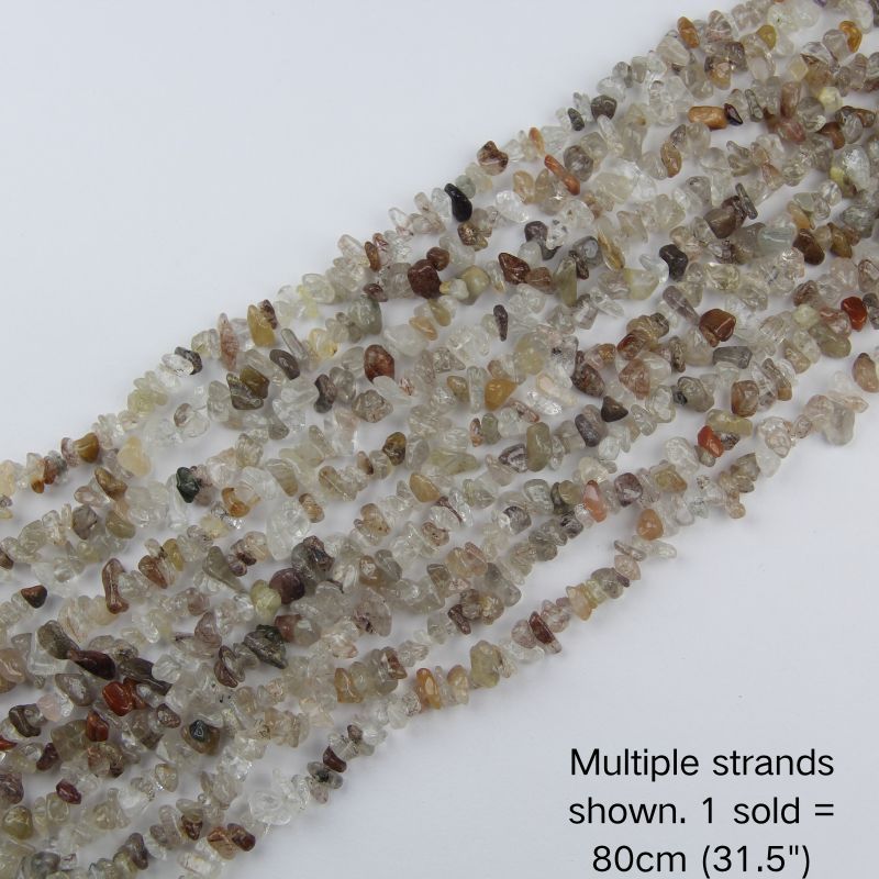 Multiple strands of natural copper rutilated quartz chip beads on nylon cord, 31.5-inch gemstone strands for DIY crafts.