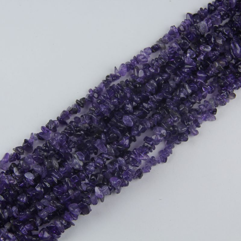 stacked coils of deep amethyst bead strand, 31.5 inches long, irregular round 5-8mm beads on nylon cord