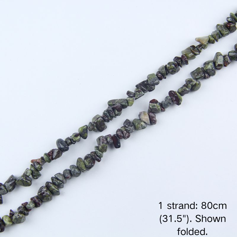 Dragon blood stone chip beaded strand, 31.5 inch (80cm) length shown folded. 1 sold equals 1 strand.
