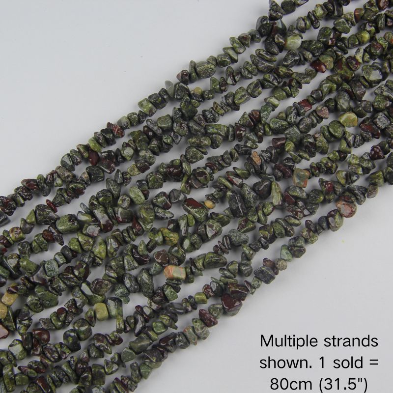 Multiple strands of natural dragon blood stone chips, deep forest green with crimson red spots, 31.5 inch beaded cord. 1 sold equals 1 strand.