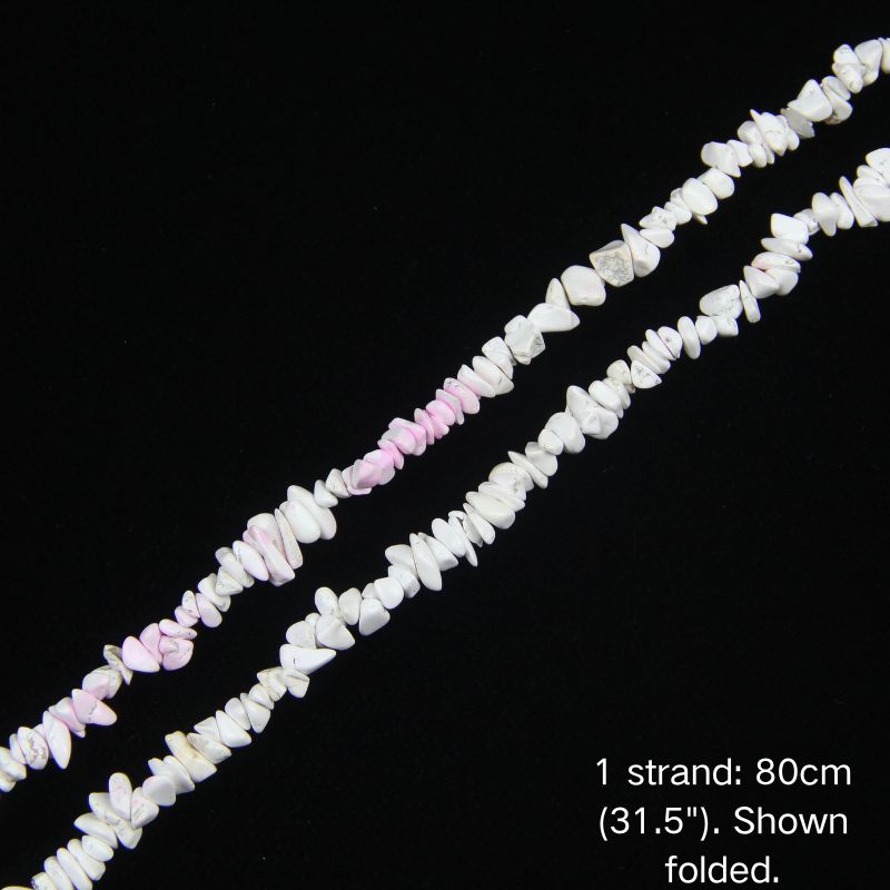 Dyed pink white explosion howlite chip beads strand folded, 31.5 inches, nylon cord, vibrant pink and white pattern.