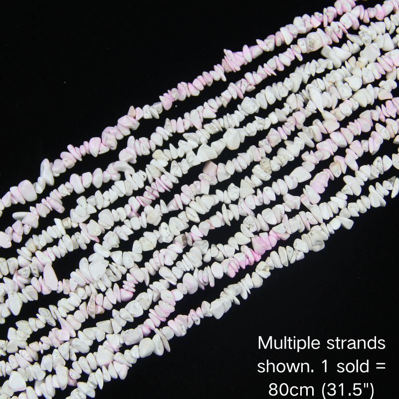 Multiple strands of dyed pink white explosion howlite chip beads, 5-8mm polished chips, vibrant cracked marble look.