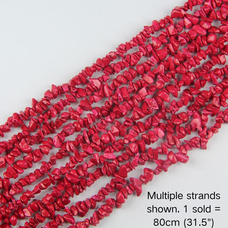 Multiple strands of dyed red howlite chip beads shown, 80cm (31.5") 5-8mm strand pre-strung on nylon cord.