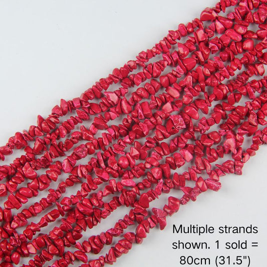 Multiple strands of dyed red howlite chip beads shown, 80cm (31.5") 5-8mm strand pre-strung on nylon cord.