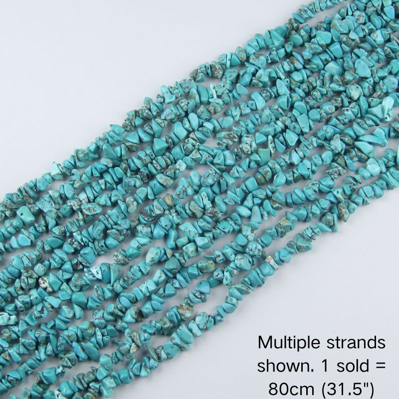 Multiple strands of dyed turquoise howlite chip beads shown, 80cm (31.5") 5-8mm strand pre-strung on nylon cord for DIY jewelry.