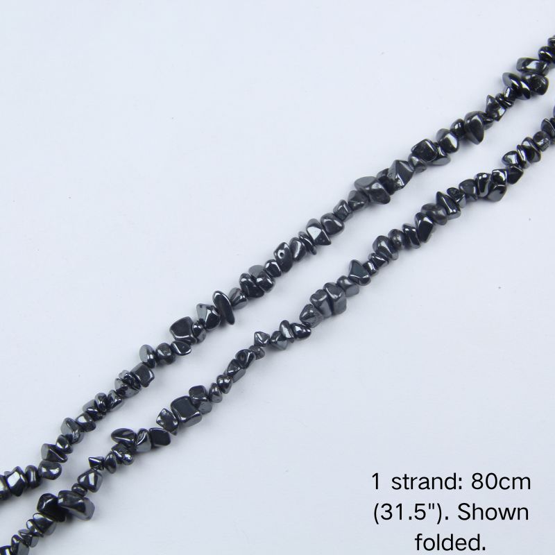 Two overlapping folded sections of a natural Hematite chip bead strand on a white background, showcasing the 31.5-inch length and the durable nylon stringing cord.