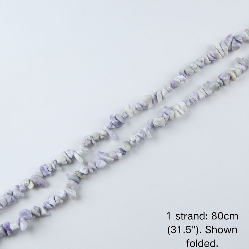 Single folded strand of 80cm natural purple lace jasper gravel beads on a white background, pre-strung on nylon cord.
