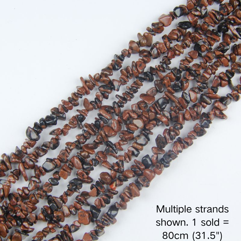Multiple strands of natural golden obsidian chip beads on nylon cord, 31.5-inch gemstone strands.