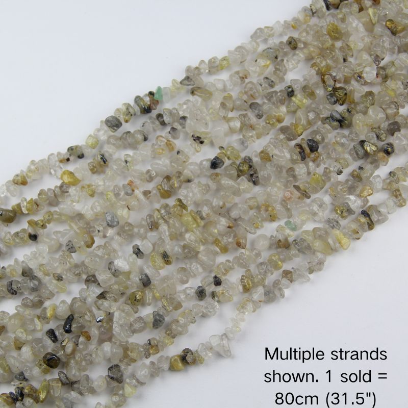 Multiple strands of natural golden rutilated quartz chip beads on nylon cord, 31.5-inch gemstone strands for wrap bracelets.