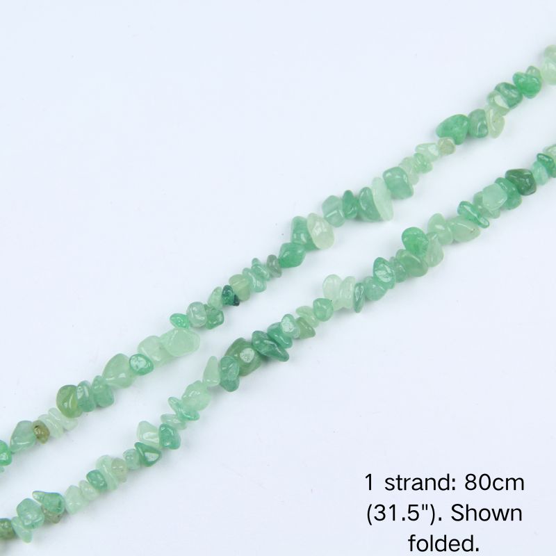 A single strand of Green Aventurine irregular chip beads (80cm/31.5") shown folded to display actual length and nylon cord.