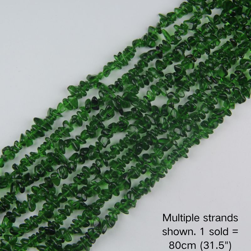 Multiple strands of 31.5" green irregular glass chip beads (5-8mm) displayed on a white background. Note: 1 strand sold per order, measuring 80cm (31.5").