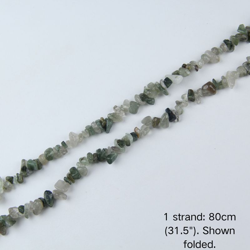A single folded strand of green rutilated quartz chip beads, featuring natural dark green hair-like mineral inclusions.