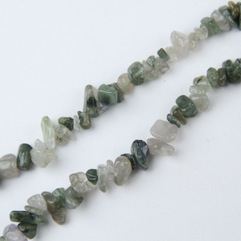 natural 5-8mm green rutilated quartz long beaded necklace wearing on casual daily look
