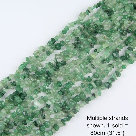 Green strawberry quartz chip beads, multi-strand display, 31.5 inch strand, 5-8mm polished chips.