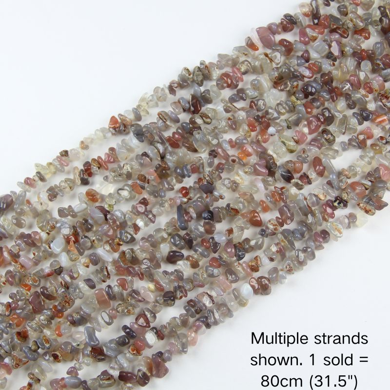 Multiple strands of 31.5" Grey Agate irregular chip beads (5-8mm) displayed as the cover image. Natural stone textures. Note: 1 strand sold per order.