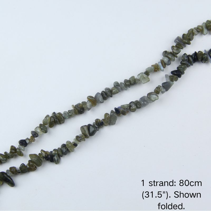 Labradorite chip beaded strand, 31.5 inch (80cm) length shown folded. 1 sold equals 1 strand.