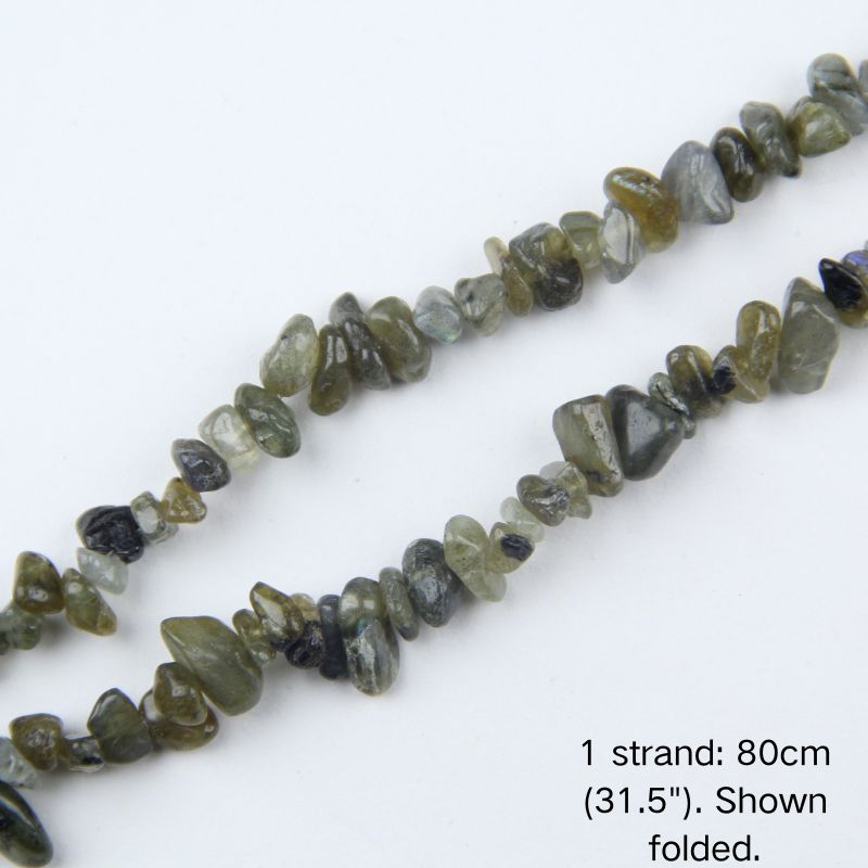 Natural labradorite chip cord, 80cm folded, showing 5-8mm stones with earthy grey and green tones and colorful flashes.