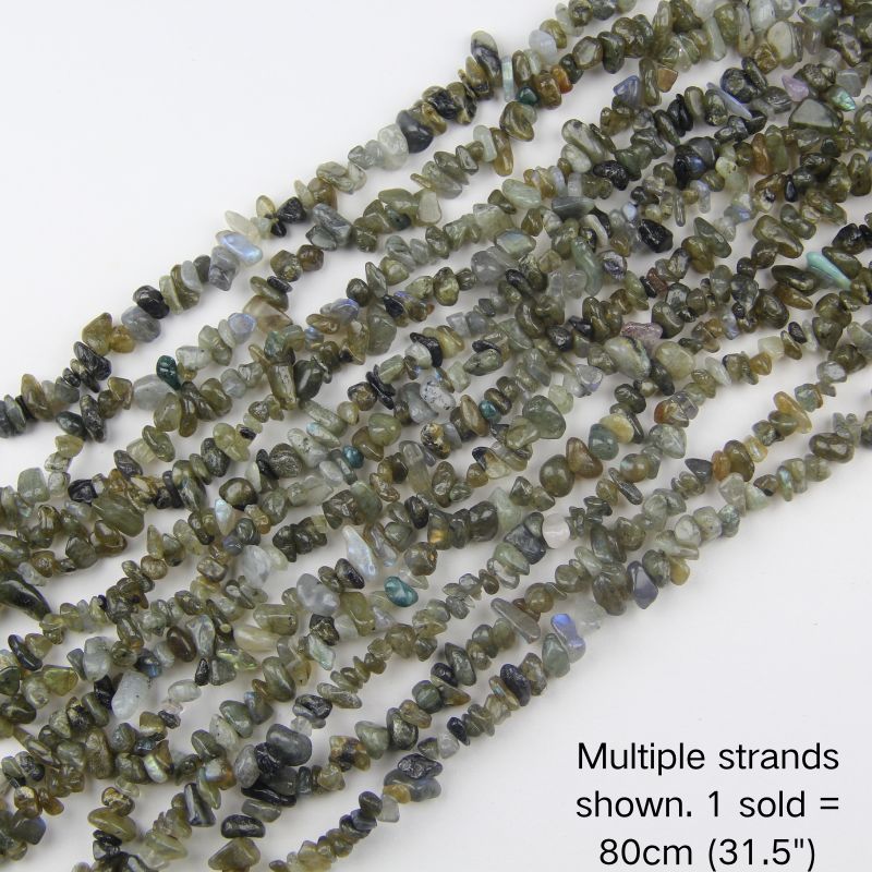 Multiple strands of natural labradorite chips with blue and green iridescent flashes, 31.5 inch beaded cord. 1 sold equals 1 strand (80cm).