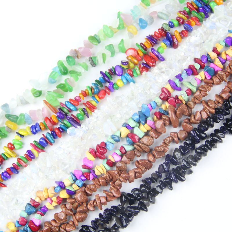 6-style man-made and dyed chip bead strands collection featuring shell, turquoise, cat eye, blue sandstone, goldstone and opal, 31.5 inches long for jewelry making.