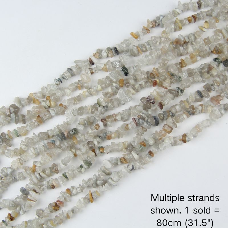 Multiple strands of natural mixed gemstone chips, earthy tones of white, amber, and grey, 31.5 inch beaded cord for jewelry making and boho decor.