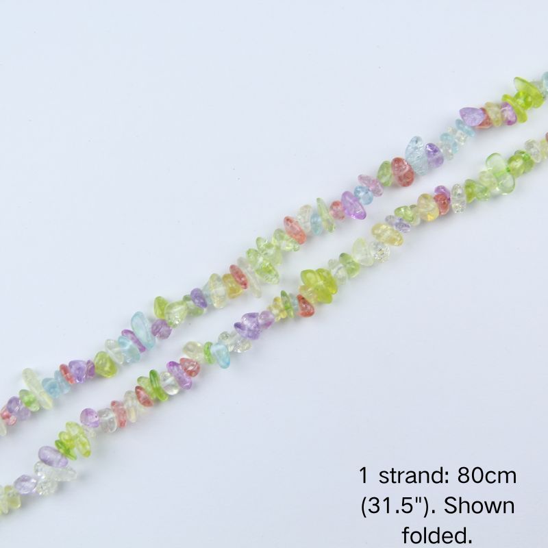 A single folded strand of multicolor glass chip beads.
