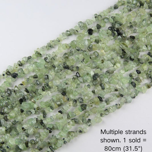 Multiple strands of natural prehnite chip beads with black inclusions, 80cm (31.5") per strand for DIY jewelry.