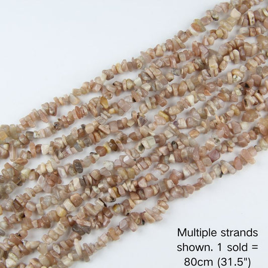 Multiple strands of natural peach and pink sunstone chip beads, 80cm (31.5") per strand for jewelry making.