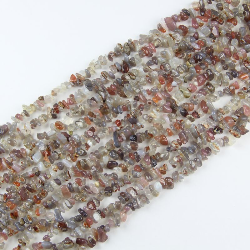 Natural grey agate irregular bead long necklace on white background, soft silver grey to misty charcoal colors on each freeform round bead