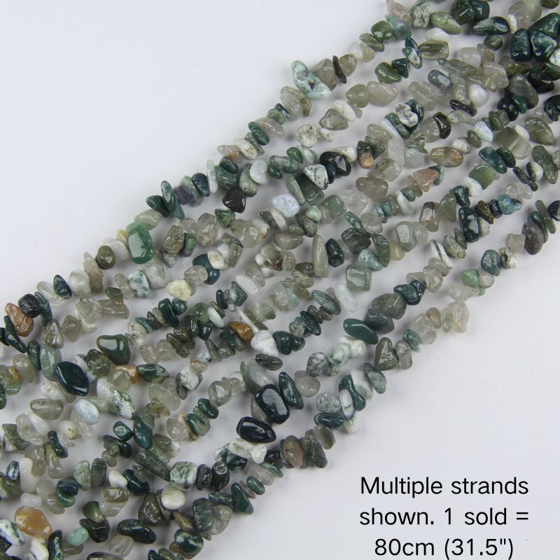 Multiple strands of natural Indian Agate chip beads shown, 80cm (31.5") 5-8mm strand pre-strung on nylon cord for DIY jewelry.