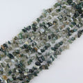 Natural Indian agate irregular bead long necklace on white background, earthy brown, cream, and rust tones on each freeform round bead