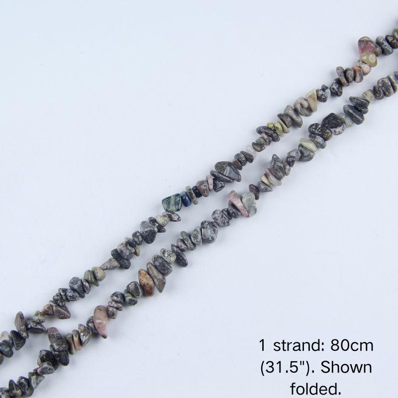 Single 80cm (31.5") natural Rhodochrosite chip bead strand in a folded arrangement for boho wrap bracelets.