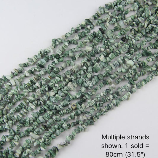 Multiple strands of natural Tree Agate chip beads shown, 80cm (31.5") 5-8mm strand pre-strung on nylon cord for DIY jewelry.