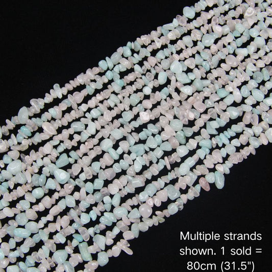 Multiple strands of pastel pink and blue quartz chip beads, 80cm (31.5") per strand for DIY jewelry making.