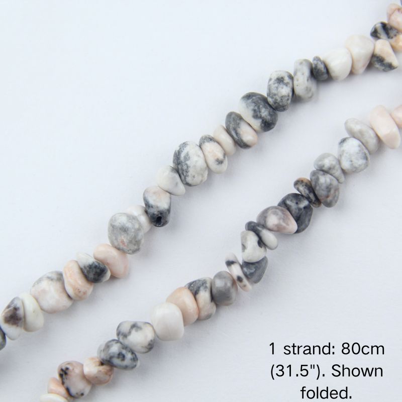 Close-up view of pink zebra jasper chip cord, 80cm folded, showing 5-8mm natural raw stones with smooth polished finish.