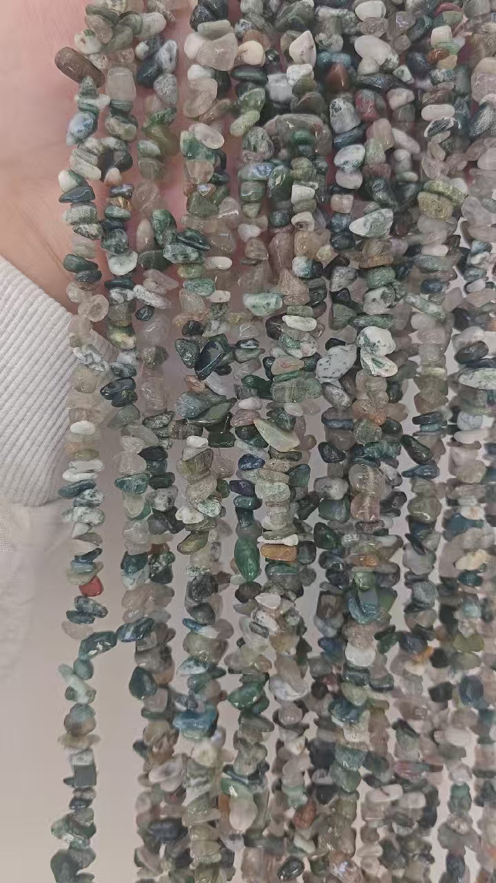 360 rotation of natural Indian agate irregular bead long necklace, earthy brown and cream tones visible from all angles