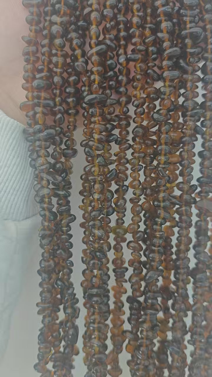 Outfit matching for vintage brown glass beaded necklace. Shows the warm matte texture and 31.5-inch layering effect of the irregular 5-8mm brown glass beads. 